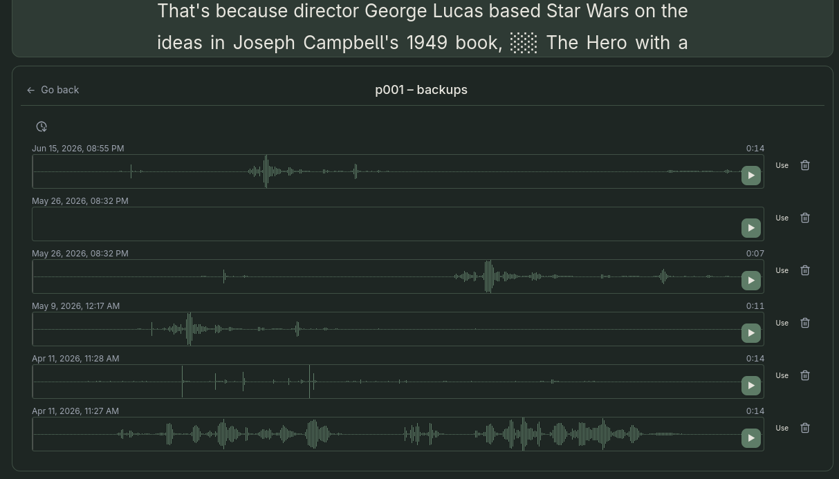 Backup selector: compare and restore previous takes