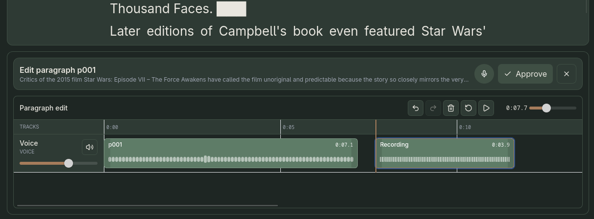 Edit segment: waveform editor with trim, split, silence, and quick recording