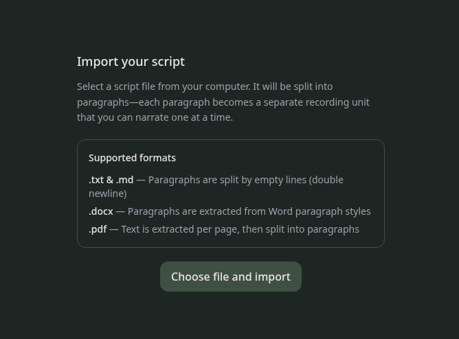 Import script: drag .txt, .md, or .docx to get started
