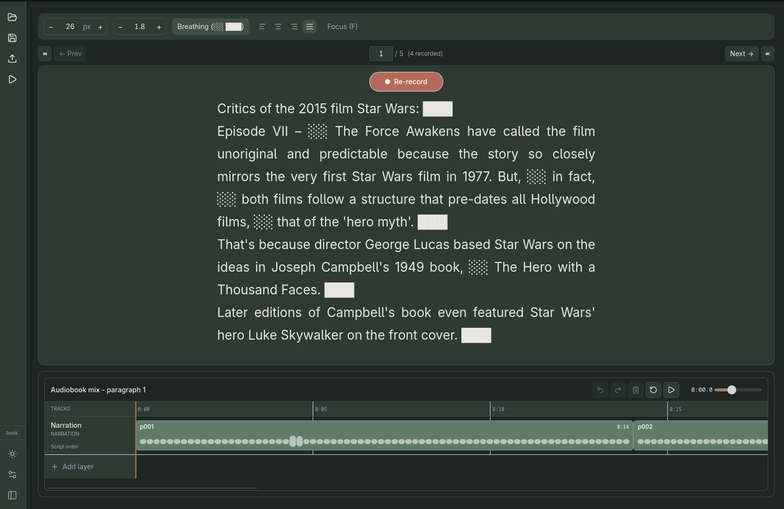 Main recording view: teleprompter with paragraph text, record controls, and timeline